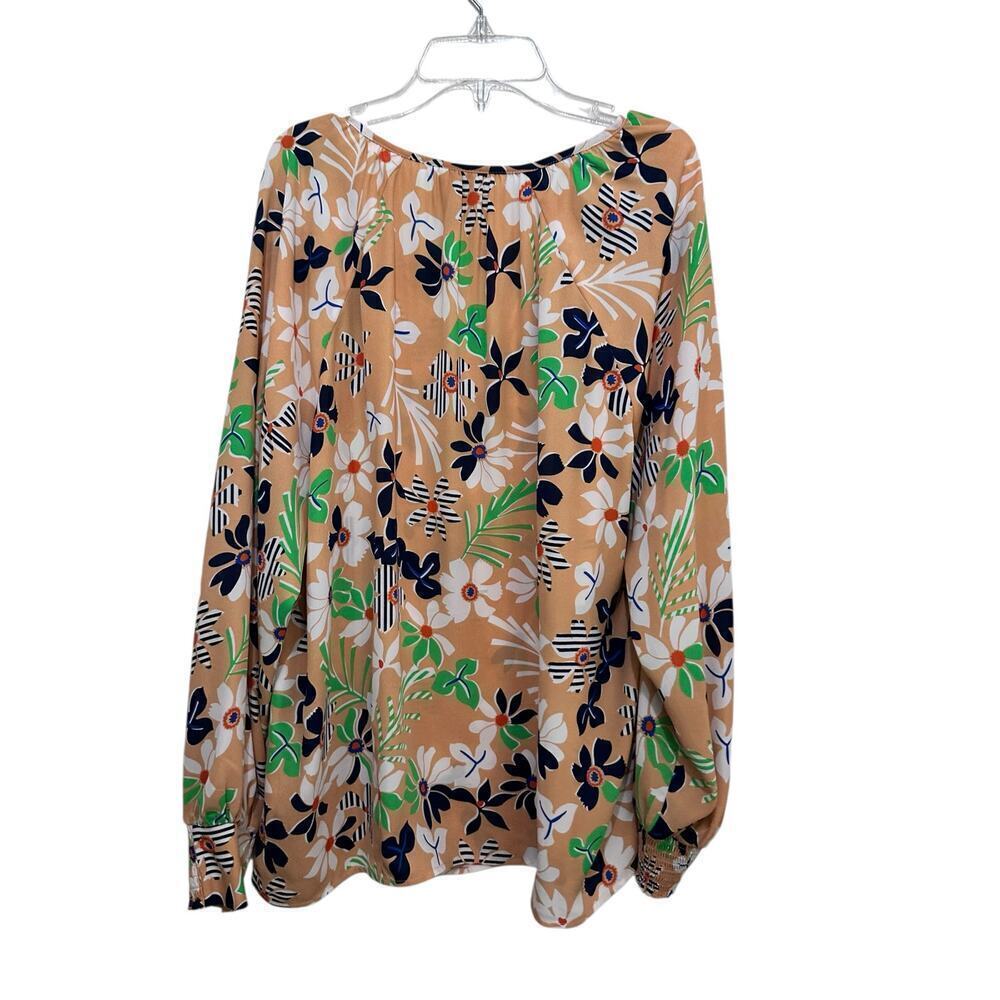 CAbi #6296 Island Tropical Floral Smocked Sleeve Split Neck Blouse Top Size L - Picture 3 of 7